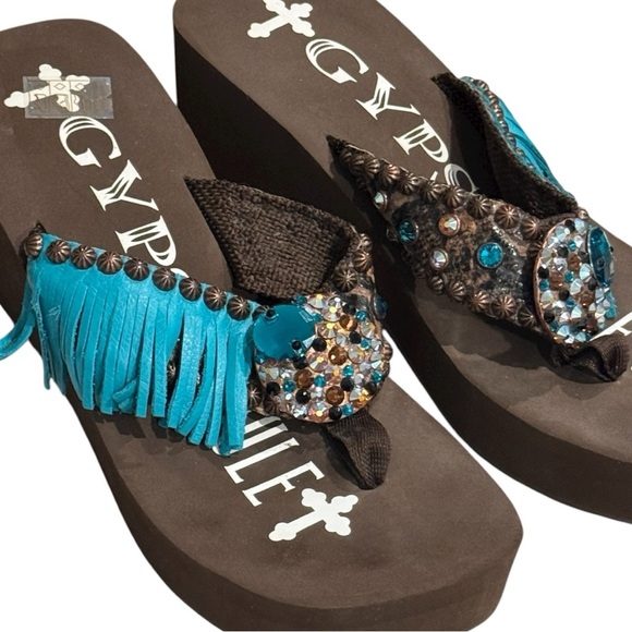 Gypsy Soule Turquoise Fringe Jeweled Wedge Flip-Flops Size 10 - Picture 3 of 7